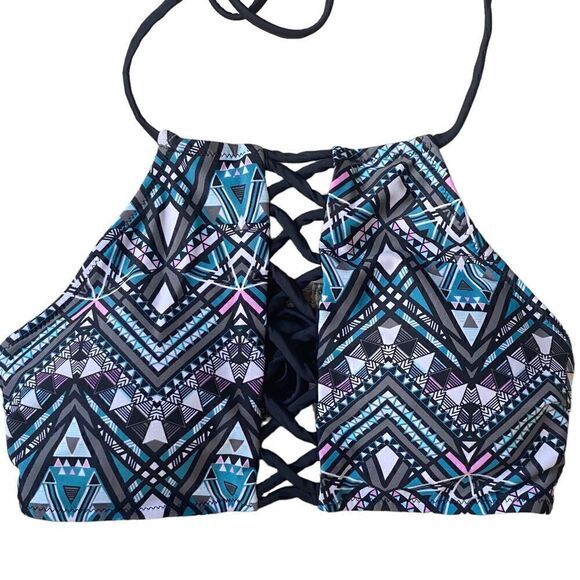 Rue Blue Geometric Cutout High Neck Halter Swim Top - Picture 6 of 7